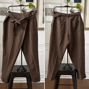 Luukaa Brown Trousers Taper Slightly Cropped Crossfront Tie Sash $180 12